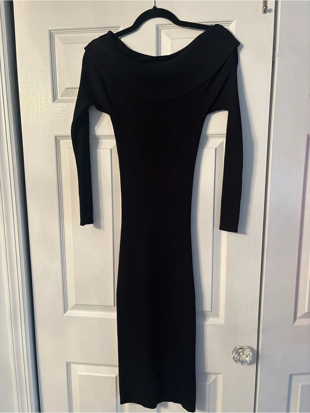 Michael Kors Black Off-The-Shoulder Long Sleeve Ribbed Knit Dress